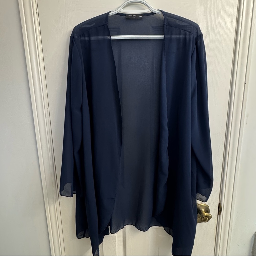 SHEIN Curve Navy Blue Sheer Kimono Cover Up Open Front Cardigan 2XL NWOT